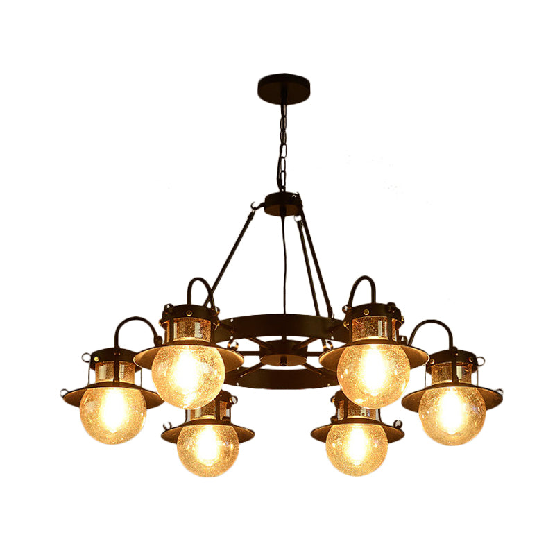 Black Wheel Chandelier Classic Metallic 3/6/8-Head Living Room Pendant Light Fixture with Globe Clear Glass Shade Clearhalo 'Ceiling Lights' 'Chandeliers' Lighting' options 727940