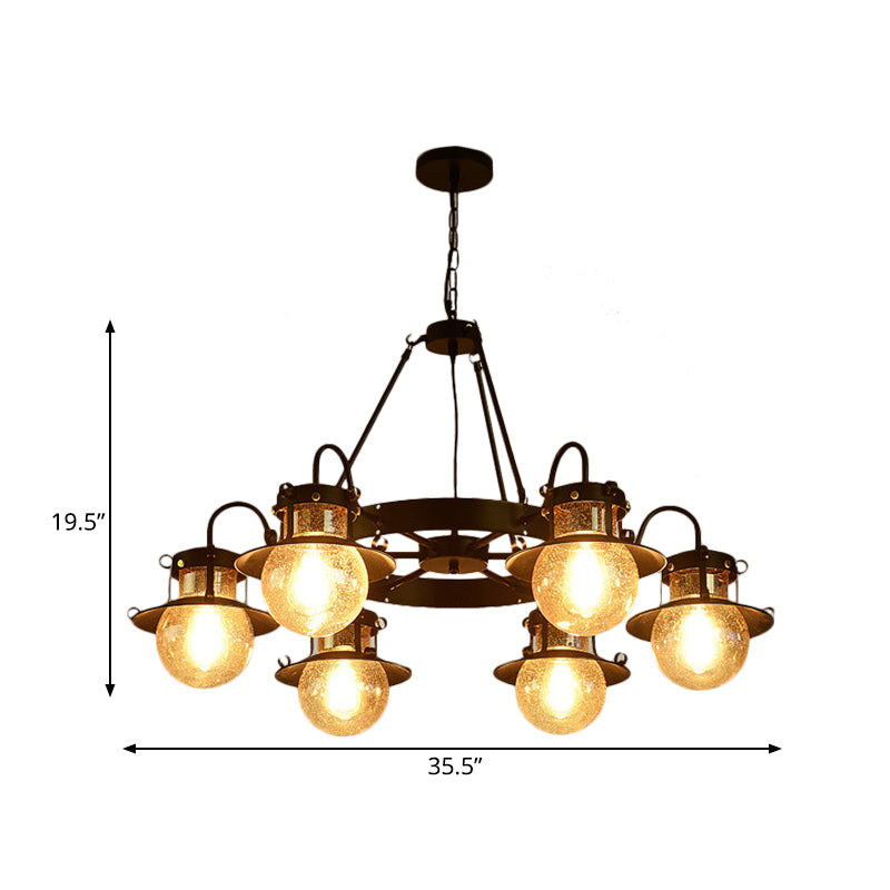 Black Wheel Chandelier Classic Metallic 3/6/8-Head Living Room Pendant Light Fixture with Globe Clear Glass Shade Clearhalo 'Ceiling Lights' 'Chandeliers' Lighting' options 727942