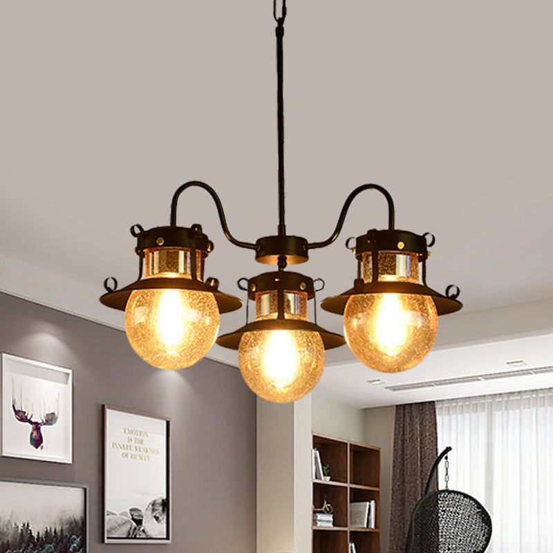 Black Wheel Chandelier Classic Metallic 3/6/8-Head Living Room Pendant Light Fixture with Globe Clear Glass Shade Clearhalo 'Ceiling Lights' 'Chandeliers' Lighting' options 727943