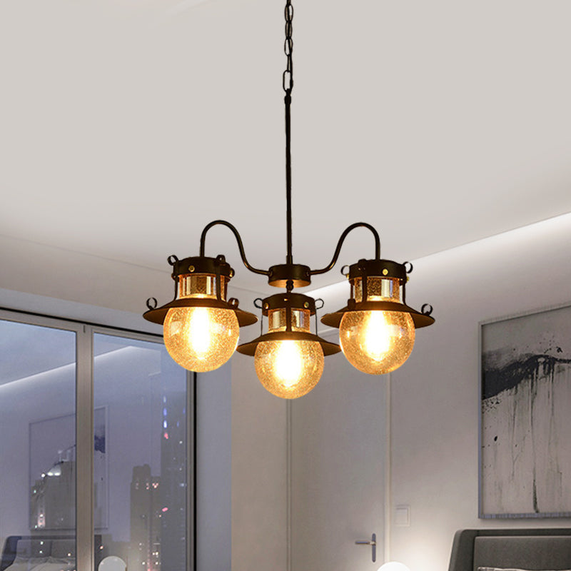 Black Wheel Chandelier Classic Metallic 3/6/8-Head Living Room Pendant Light Fixture with Globe Clear Glass Shade Clearhalo 'Ceiling Lights' 'Chandeliers' Lighting' options 727945