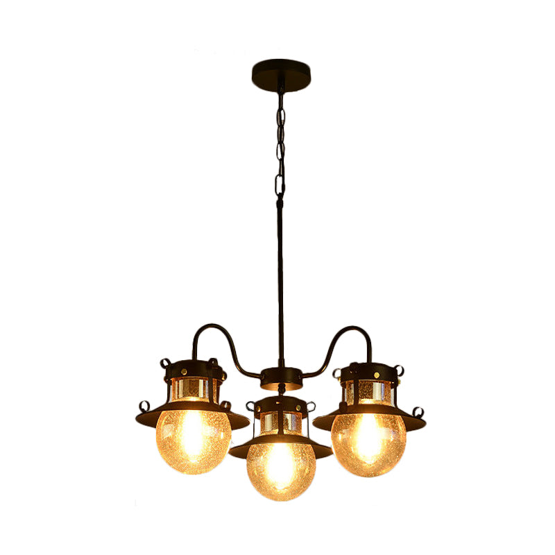 Black Wheel Chandelier Classic Metallic 3/6/8-Head Living Room Pendant Light Fixture with Globe Clear Glass Shade Clearhalo 'Ceiling Lights' 'Chandeliers' Lighting' options 727946