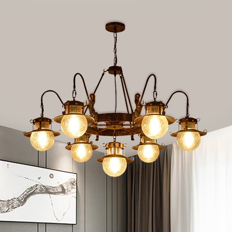 7/8 Bulbs Clear Glass Chandelier Light Country Rust Spherical Restaurant Pendant Lamp with Metal Mermaid Arm Clearhalo 'Ceiling Lights' 'Chandeliers' Lighting' options 727958