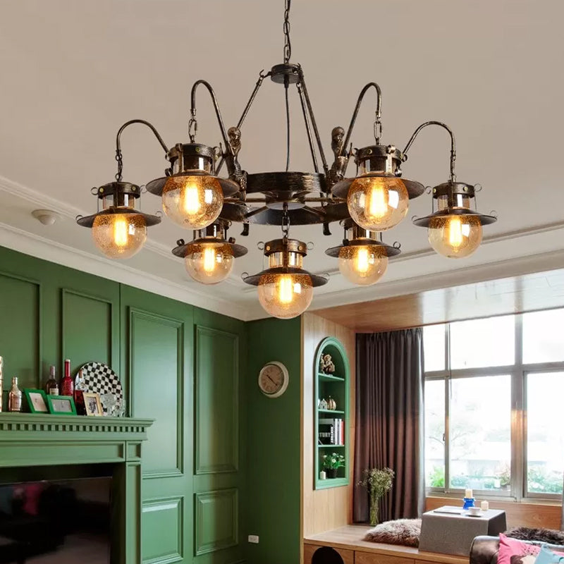 7/8 Bulbs Clear Glass Chandelier Light Country Rust Spherical Restaurant Pendant Lamp with Metal Mermaid Arm Clearhalo 'Ceiling Lights' 'Chandeliers' Lighting' options 727959