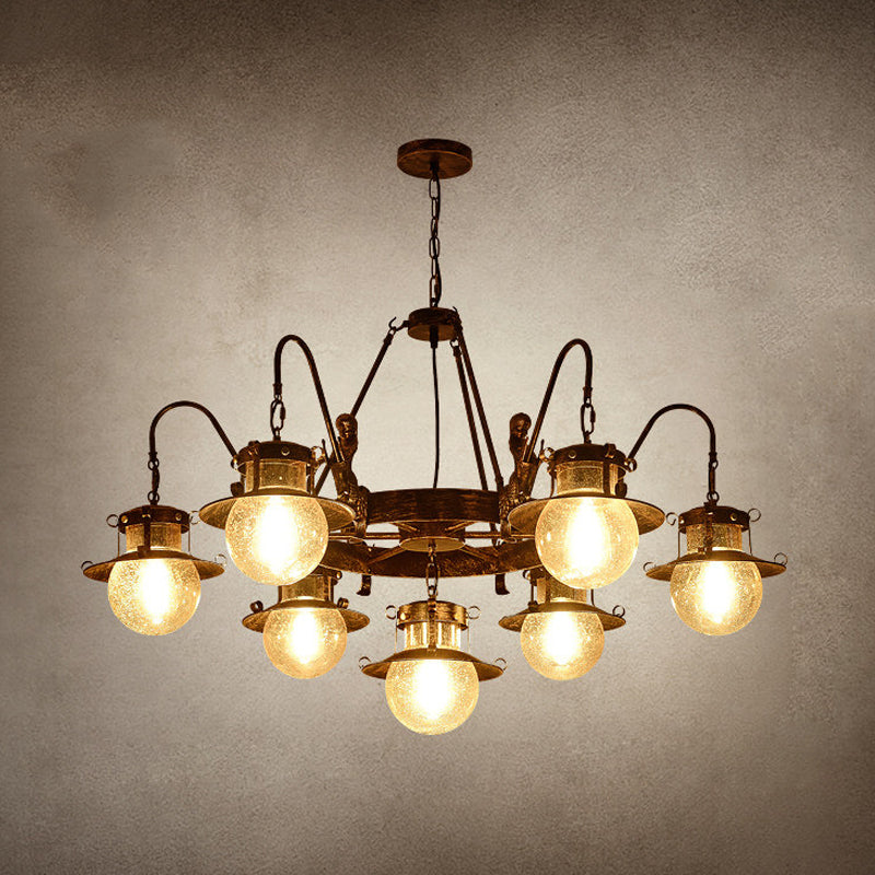 7/8 Bulbs Clear Glass Chandelier Light Country Rust Spherical Restaurant Pendant Lamp with Metal Mermaid Arm Clearhalo 'Ceiling Lights' 'Chandeliers' Lighting' options 727961