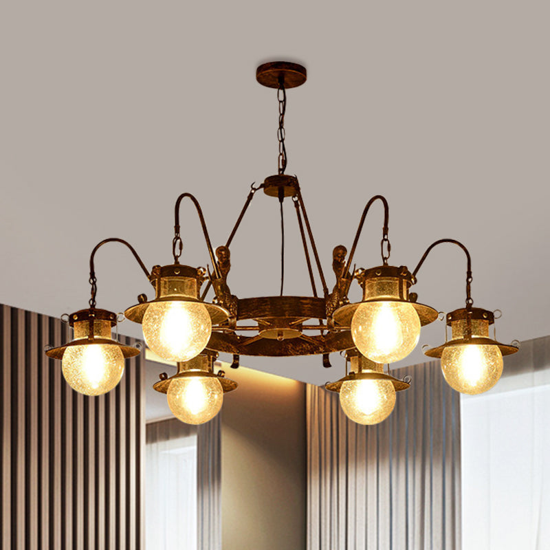 7/8 Bulbs Clear Glass Chandelier Light Country Rust Spherical Restaurant Pendant Lamp with Metal Mermaid Arm Clearhalo 'Ceiling Lights' 'Chandeliers' Lighting' options 727963