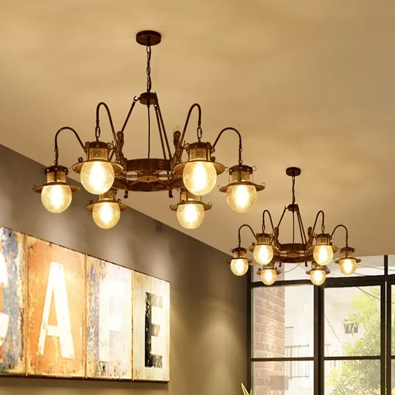 7/8 Bulbs Clear Glass Chandelier Light Country Rust Spherical Restaurant Pendant Lamp with Metal Mermaid Arm Clearhalo 'Ceiling Lights' 'Chandeliers' Lighting' options 727964