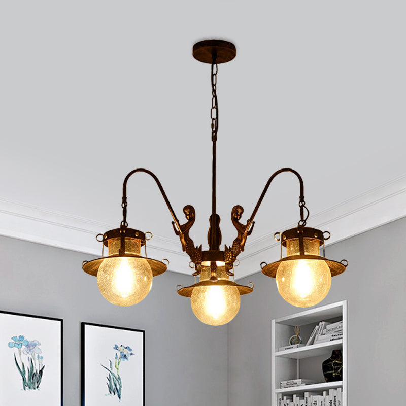 7/8 Bulbs Clear Glass Chandelier Light Country Rust Spherical Restaurant Pendant Lamp with Metal Mermaid Arm Clearhalo 'Ceiling Lights' 'Chandeliers' Lighting' options 727968