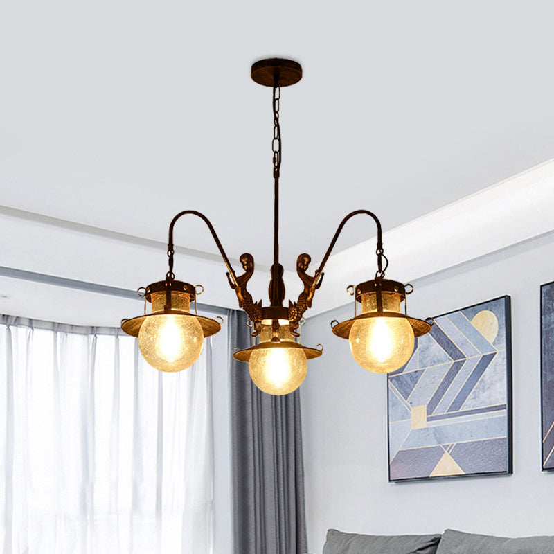 7/8 Bulbs Clear Glass Chandelier Light Country Rust Spherical Restaurant Pendant Lamp with Metal Mermaid Arm Clearhalo 'Ceiling Lights' 'Chandeliers' Lighting' options 727969