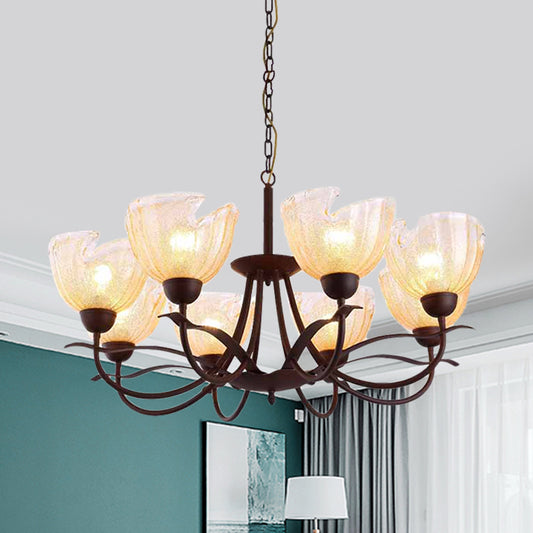 Yellow Water Glass Black Chandelier Light Bowl 8 Lights Countryside Hanging Pendant with Swirl Arm Black Clearhalo 'Ceiling Lights' 'Chandeliers' 'Glass shade' 'Glass' 'Pendant Lights' Lighting' 727974