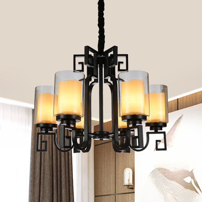 Rural Cylinder Chandelier Light Fixture 6 Lights Clear Glass Ceiling Pendant in Black with Twisted Arm Clearhalo 'Ceiling Lights' 'Chandeliers' Lighting' options 727979