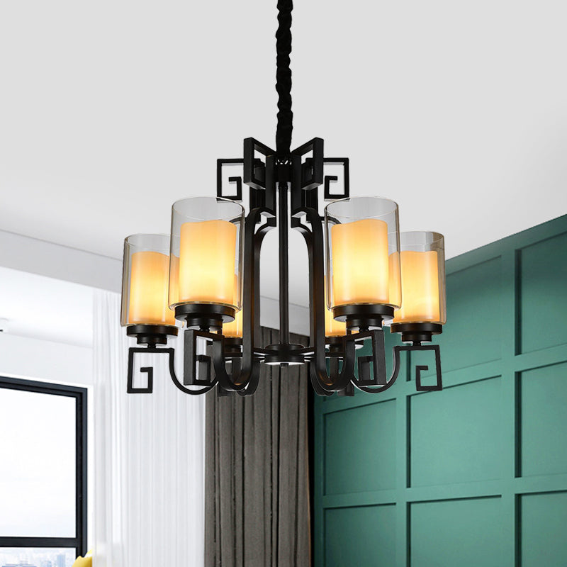 Rural Cylinder Chandelier Light Fixture 6 Lights Clear Glass Ceiling Pendant in Black with Twisted Arm Clearhalo 'Ceiling Lights' 'Chandeliers' Lighting' options 727980