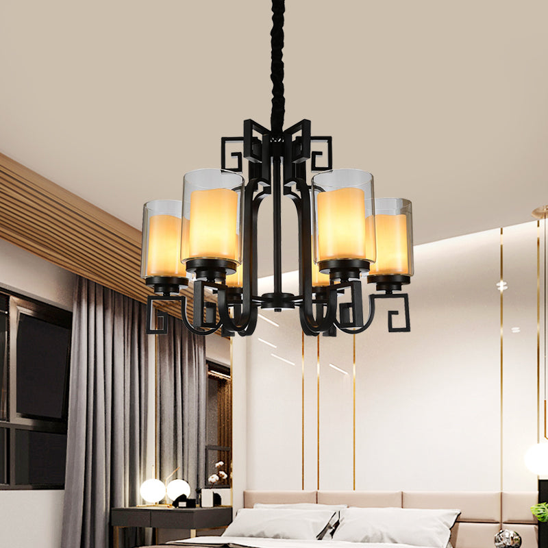 Rural Cylinder Chandelier Light Fixture 6 Lights Clear Glass Ceiling Pendant in Black with Twisted Arm Clearhalo 'Ceiling Lights' 'Chandeliers' Lighting' options 727981