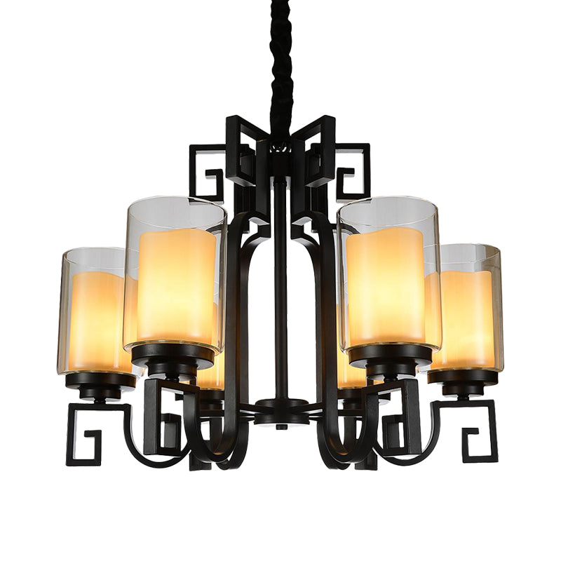 Rural Cylinder Chandelier Light Fixture 6 Lights Clear Glass Ceiling Pendant in Black with Twisted Arm Clearhalo 'Ceiling Lights' 'Chandeliers' Lighting' options 727982