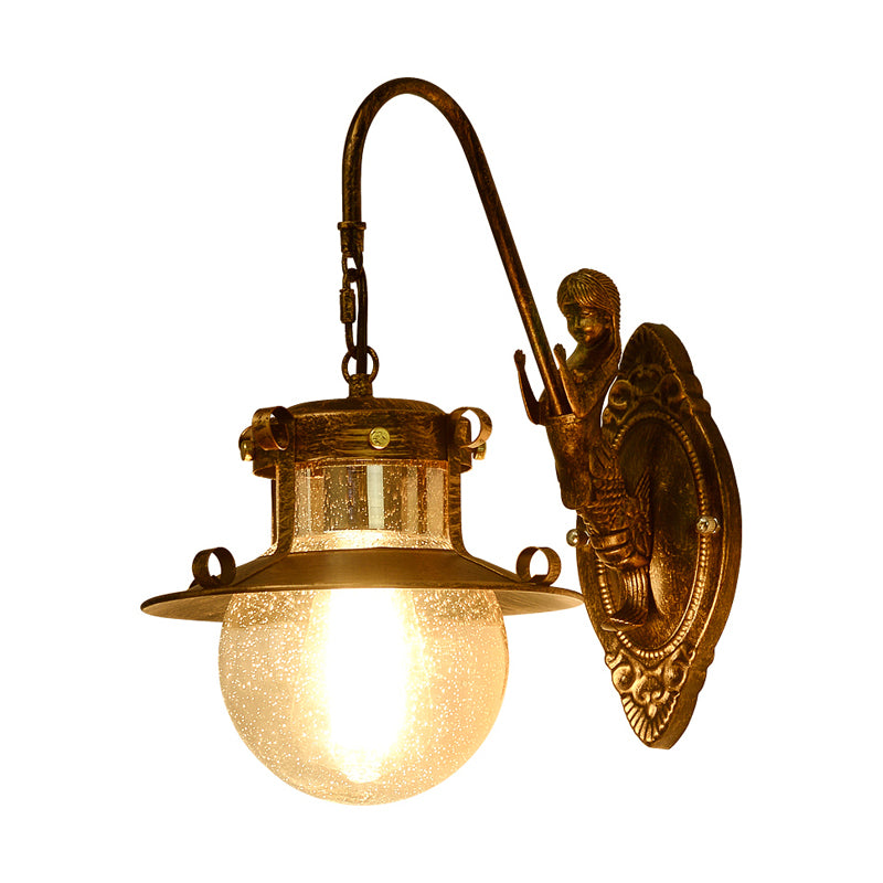 Ball Clear Water Glass Wall Light Fixture Classic 1 Head Dining Room Wall Sconce in Brass with Mermaid Arm Clearhalo 'Wall Lamps & Sconces' 'Wall Lights' Lighting' 727992