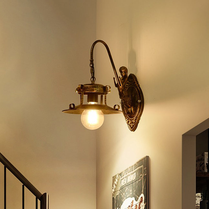 1 Light Wall Lighting Country Stair Sconce Lamp with Wide Flare Metal Shade in Brass Clearhalo 'Wall Lamps & Sconces' 'Wall Lights' Lighting' 727996