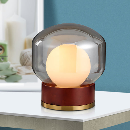Opal Glass Globe Night Lighting Countryside 1 Light Bedroom Table Light in Brown with Wood Base Brown Clearhalo 'Lamps' 'Table Lamps' Lighting' 727999