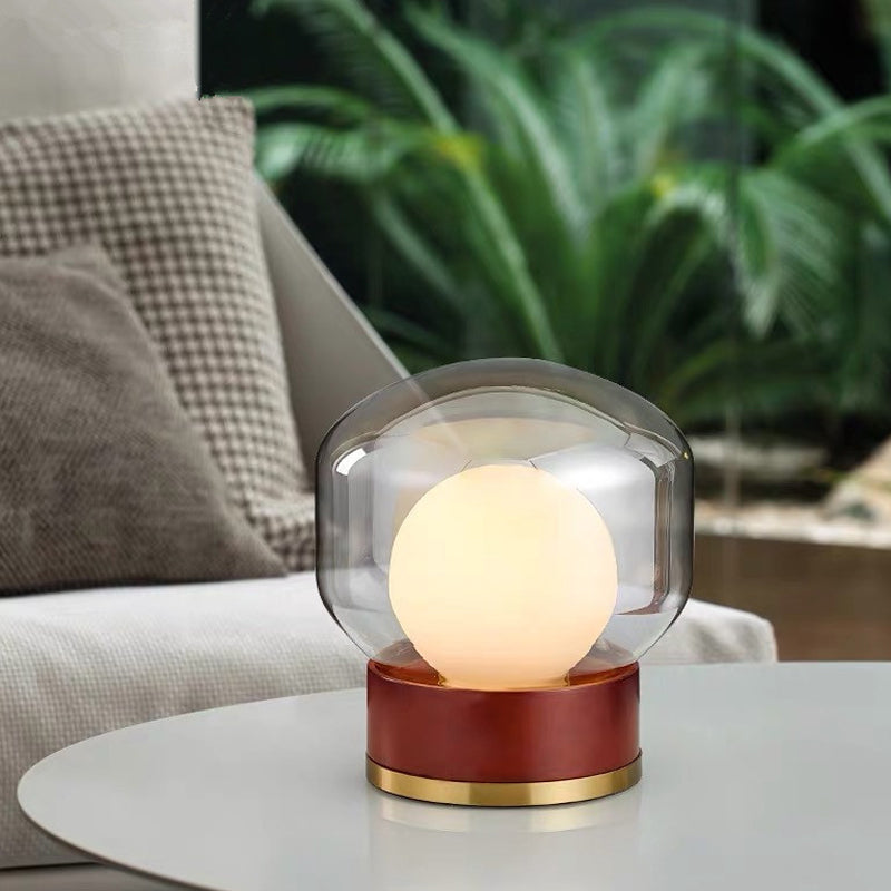 Opal Glass Globe Night Lighting Countryside 1 Light Bedroom Table Light in Brown with Wood Base Clearhalo 'Lamps' 'Table Lamps' Lighting' 728001