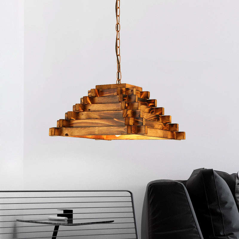 1 Head Hanging Light Kit Rural Etched Rectangle/Trapezoid Wood Ceiling Pendant in Brown for Restaurant Clearhalo 'Ceiling Lights' 'Pendant Lights' 'Pendants' Lighting' 728010