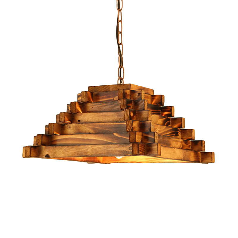 1 Head Hanging Light Kit Rural Etched Rectangle/Trapezoid Wood Ceiling Pendant in Brown for Restaurant Clearhalo 'Ceiling Lights' 'Pendant Lights' 'Pendants' Lighting' 728011