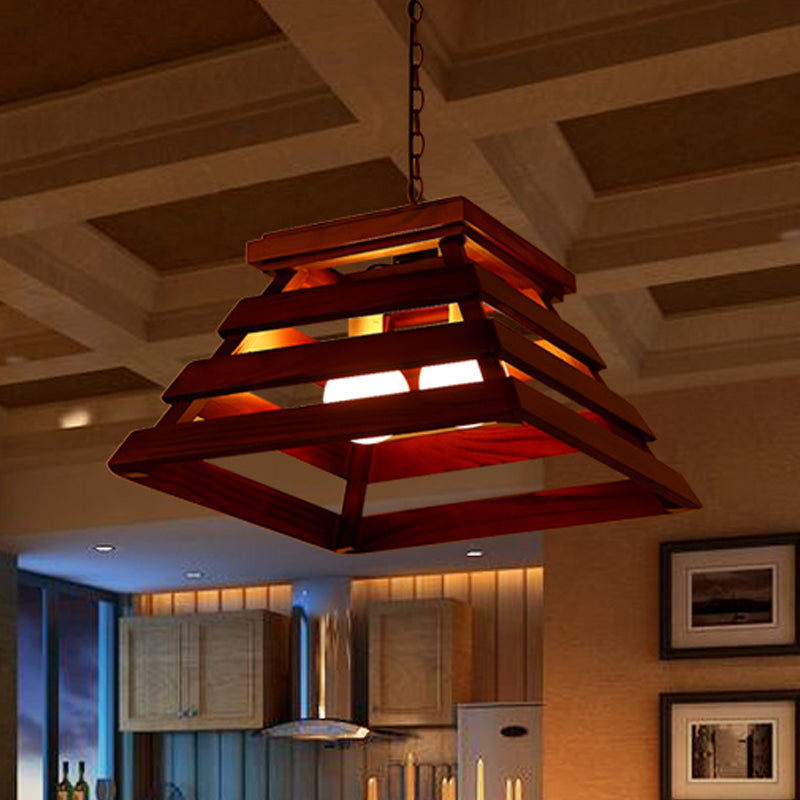 Trapezoid Cage Dining Room Pendant Light Kit Traditional Wood 2-Bulb Brown Hanging Chandelier Brown Clearhalo 'Ceiling Lights' 'Chandeliers' Lighting' options 728014_87c7ac73-e573-40e2-a46d-7817b790725f