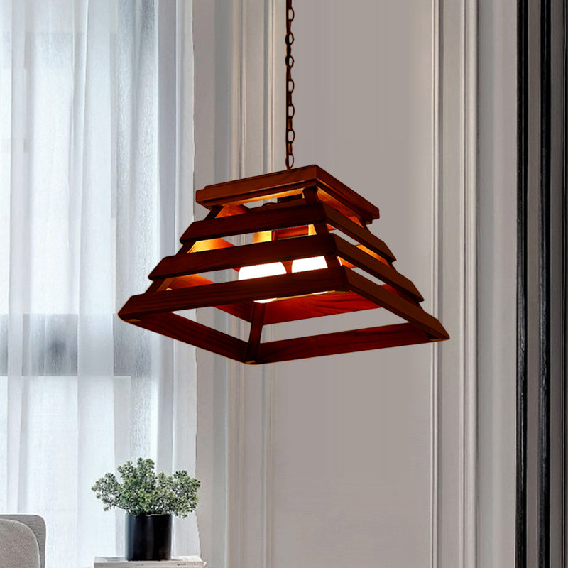 Trapezoid Cage Dining Room Pendant Light Kit Traditional Wood 2-Bulb Brown Hanging Chandelier Clearhalo 'Ceiling Lights' 'Chandeliers' Lighting' options 728015