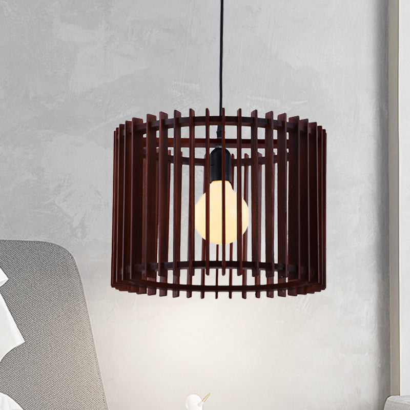 Brown 1 Light Hanging Lamp Kit Classic Wood Cylinder Cage Pendant Lighting Fixture Brown Clearhalo 'Ceiling Lights' 'Pendant Lights' 'Pendants' Lighting' 728019_8a8623d2-91a2-4797-9e39-c163d8ed2693