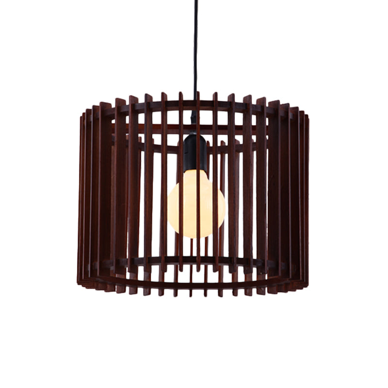 Brown 1 Light Hanging Lamp Kit Classic Wood Cylinder Cage Pendant Lighting Fixture Clearhalo 'Ceiling Lights' 'Pendant Lights' 'Pendants' Lighting' 728021