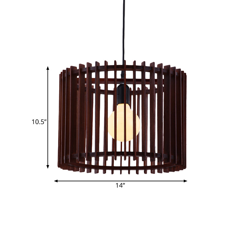 Brown 1 Light Hanging Lamp Kit Classic Wood Cylinder Cage Pendant Lighting Fixture Clearhalo 'Ceiling Lights' 'Pendant Lights' 'Pendants' Lighting' 728023