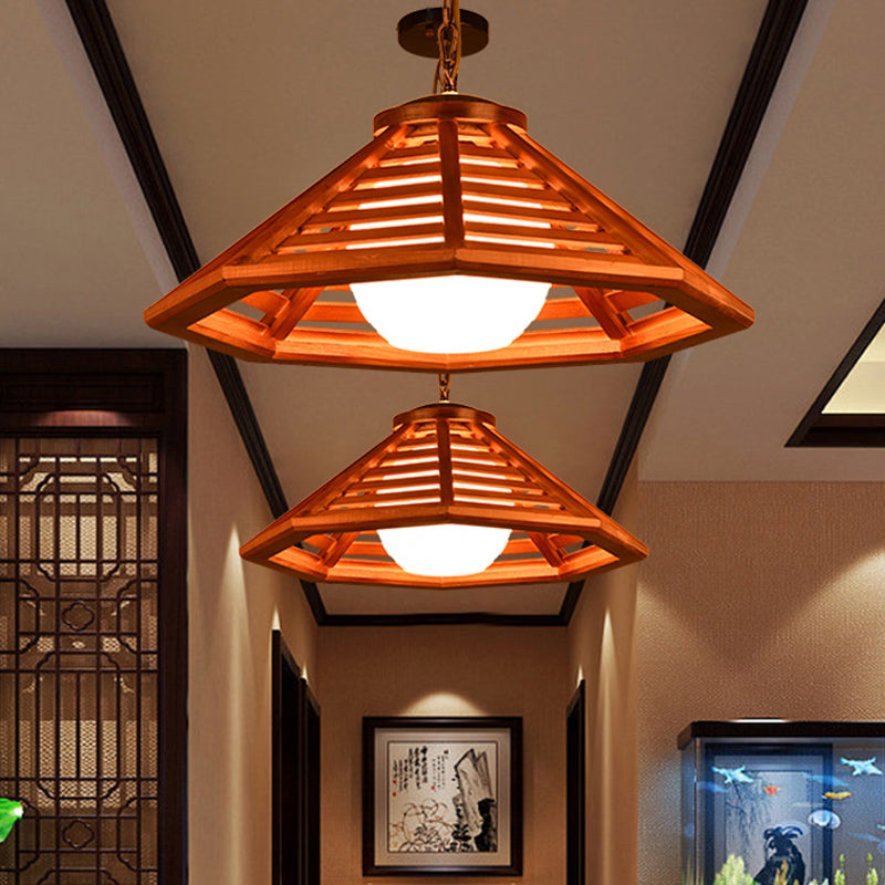 Beige/Red Brown Cone Ceiling Pendant Light Country Wood 13"/19.5" Wide 1 Light Restaurant Suspension Lamp Clearhalo 'Ceiling Lights' 'Pendant Lights' 'Pendants' Lighting' 728024