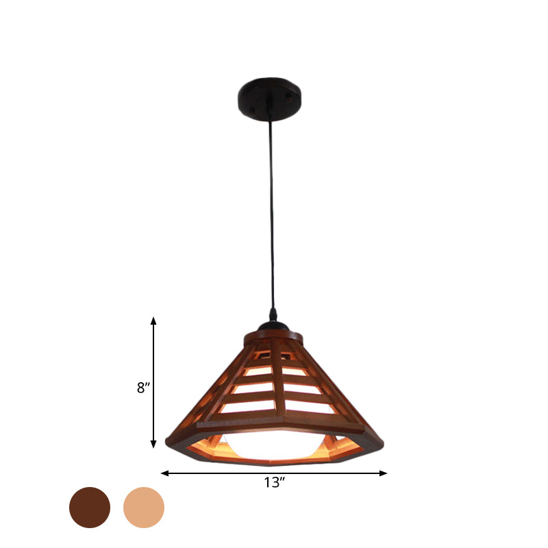 Beige/Red Brown Cone Ceiling Pendant Light Country Wood 13"/19.5" Wide 1 Light Restaurant Suspension Lamp Clearhalo 'Ceiling Lights' 'Pendant Lights' 'Pendants' Lighting' 728033