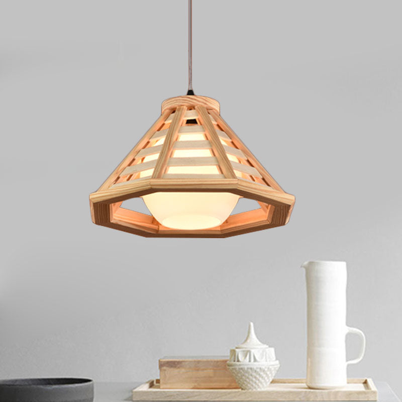 Beige/Red Brown Cone Ceiling Pendant Light Country Wood 13"/19.5" Wide 1 Light Restaurant Suspension Lamp Clearhalo 'Ceiling Lights' 'Pendant Lights' 'Pendants' Lighting' 728034