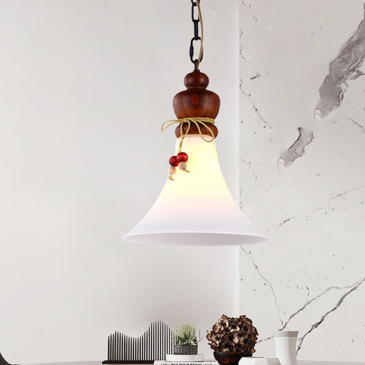 Opal Glass Brown Suspension Lamp Flared 1 Light Rustic Style Pendant Ceiling Light with Wooden Cap Clearhalo 'Ceiling Lights' 'Pendant Lights' 'Pendants' Lighting' 728045