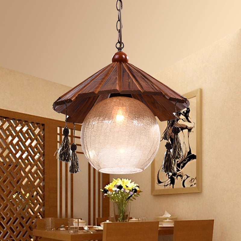 1 Head Cone Ceiling Pendant Traditional Brown Finish Wood Down Lighting with Sphere Clear Crackle Glass Shade Brown Clearhalo 'Ceiling Lights' 'Pendant Lights' 'Pendants' Lighting' 728054_6dd1e111-58f2-4773-a71c-01947df3c7bd