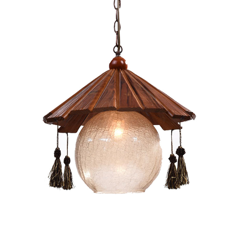 1 Head Cone Ceiling Pendant Traditional Brown Finish Wood Down Lighting with Sphere Clear Crackle Glass Shade Clearhalo 'Ceiling Lights' 'Pendant Lights' 'Pendants' Lighting' 728056
