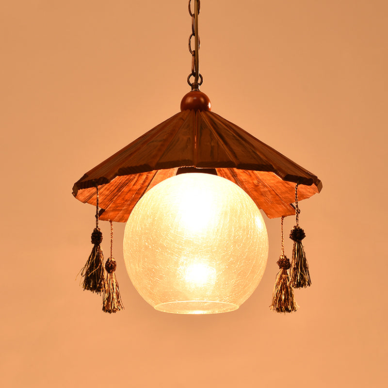 1 Head Cone Ceiling Pendant Traditional Brown Finish Wood Down Lighting with Sphere Clear Crackle Glass Shade Clearhalo 'Ceiling Lights' 'Pendant Lights' 'Pendants' Lighting' 728057