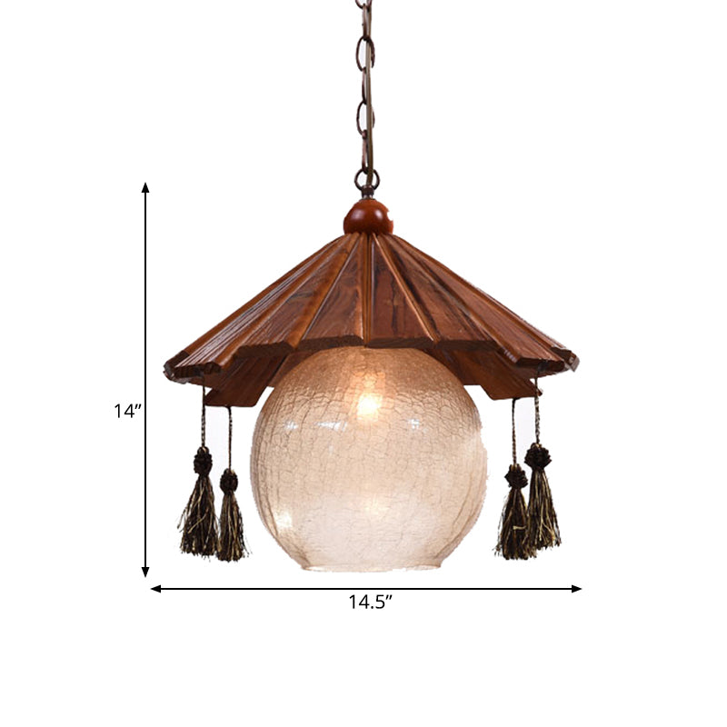 1 Head Cone Ceiling Pendant Traditional Brown Finish Wood Down Lighting with Sphere Clear Crackle Glass Shade Clearhalo 'Ceiling Lights' 'Pendant Lights' 'Pendants' Lighting' 728058