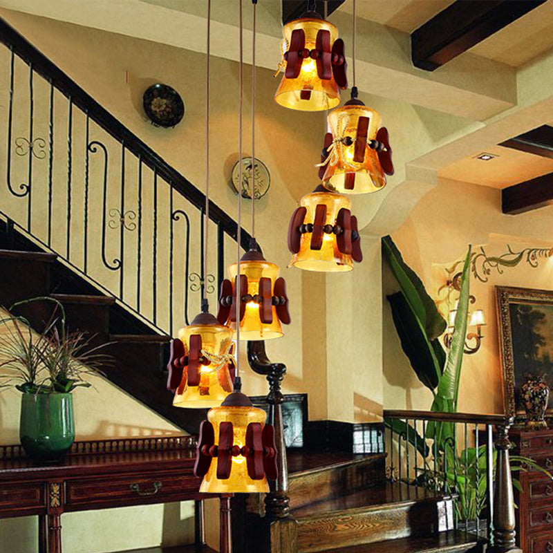 Bell Yellow Crackle Glass Cluster Pendant Classic 6 Lights Restaurant Wood Hanging Ceiling Light in Brown Clearhalo 'Ceiling Lights' 'Pendant Lights' 'Pendants' Lighting' 728059