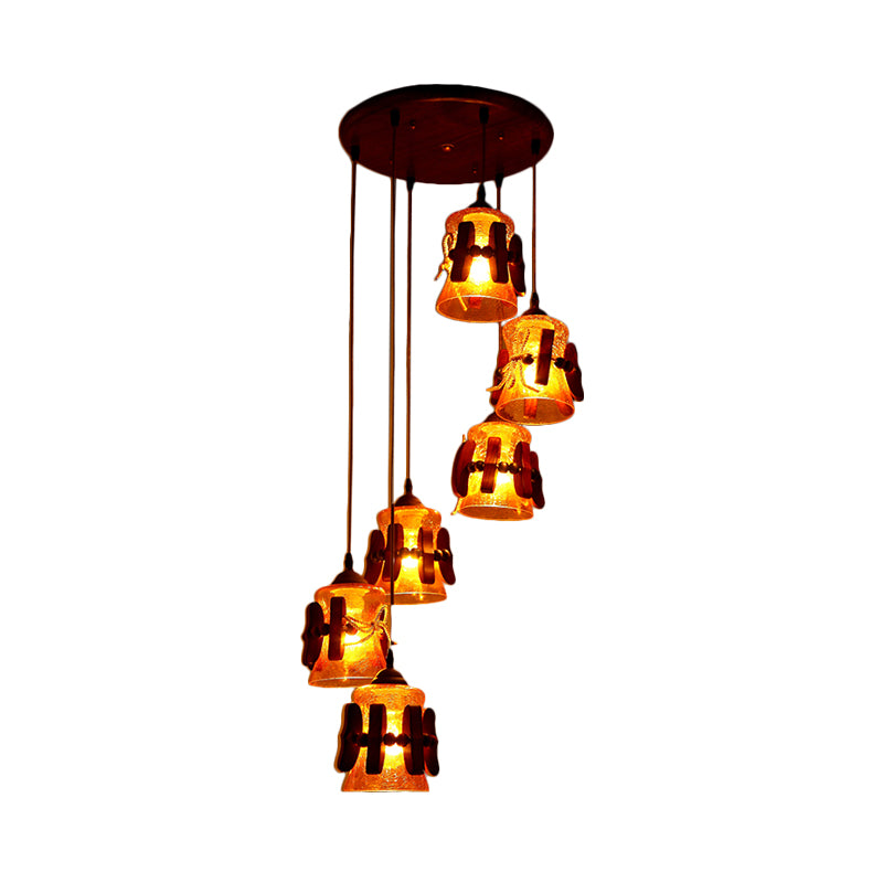 Bell Yellow Crackle Glass Cluster Pendant Classic 6 Lights Restaurant Wood Hanging Ceiling Light in Brown Clearhalo 'Ceiling Lights' 'Pendant Lights' 'Pendants' Lighting' 728061