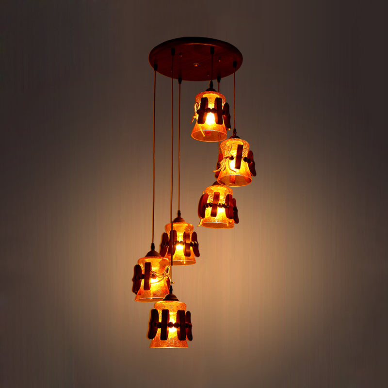 Bell Yellow Crackle Glass Cluster Pendant Classic 6 Lights Restaurant Wood Hanging Ceiling Light in Brown Clearhalo 'Ceiling Lights' 'Pendant Lights' 'Pendants' Lighting' 728062