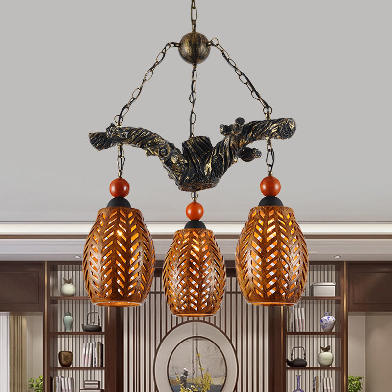 3 Heads Chandelier Lamp Countryside Elongated Dome Wood Pendant Light Fixture in Brown with Resin Branch Beam Clearhalo 'Ceiling Lights' 'Chandeliers' Lighting' options 728069