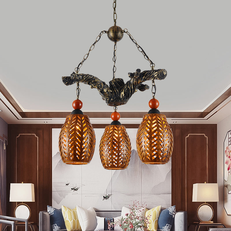 3 Heads Chandelier Lamp Countryside Elongated Dome Wood Pendant Light Fixture in Brown with Resin Branch Beam Clearhalo 'Ceiling Lights' 'Chandeliers' Lighting' options 728070