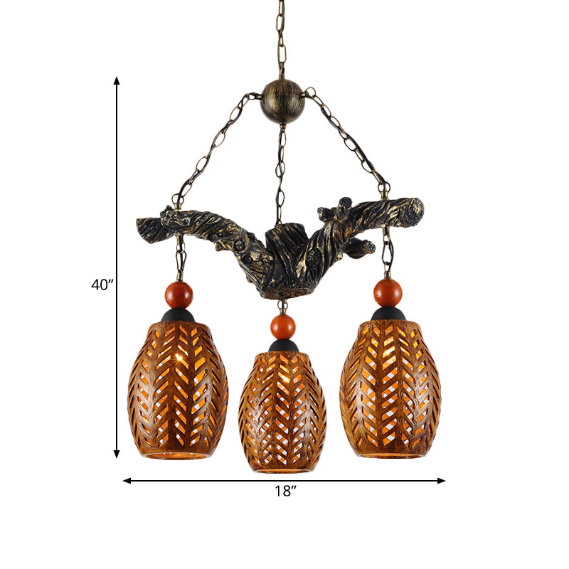 3 Heads Chandelier Lamp Countryside Elongated Dome Wood Pendant Light Fixture in Brown with Resin Branch Beam Clearhalo 'Ceiling Lights' 'Chandeliers' Lighting' options 728073