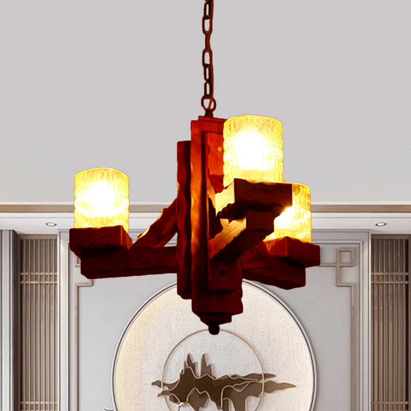 Cylinder Dining Room Pendant Chandelier Rustic Yellow Dimpled Glass 3 Lights Brown Hanging Lighting with Wood Arm Clearhalo 'Ceiling Lights' 'Chandeliers' Lighting' options 728074