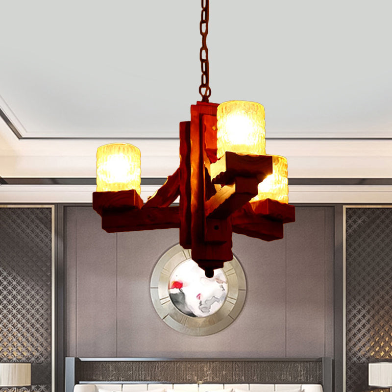 Cylinder Dining Room Pendant Chandelier Rustic Yellow Dimpled Glass 3 Lights Brown Hanging Lighting with Wood Arm Clearhalo 'Ceiling Lights' 'Chandeliers' Lighting' options 728075