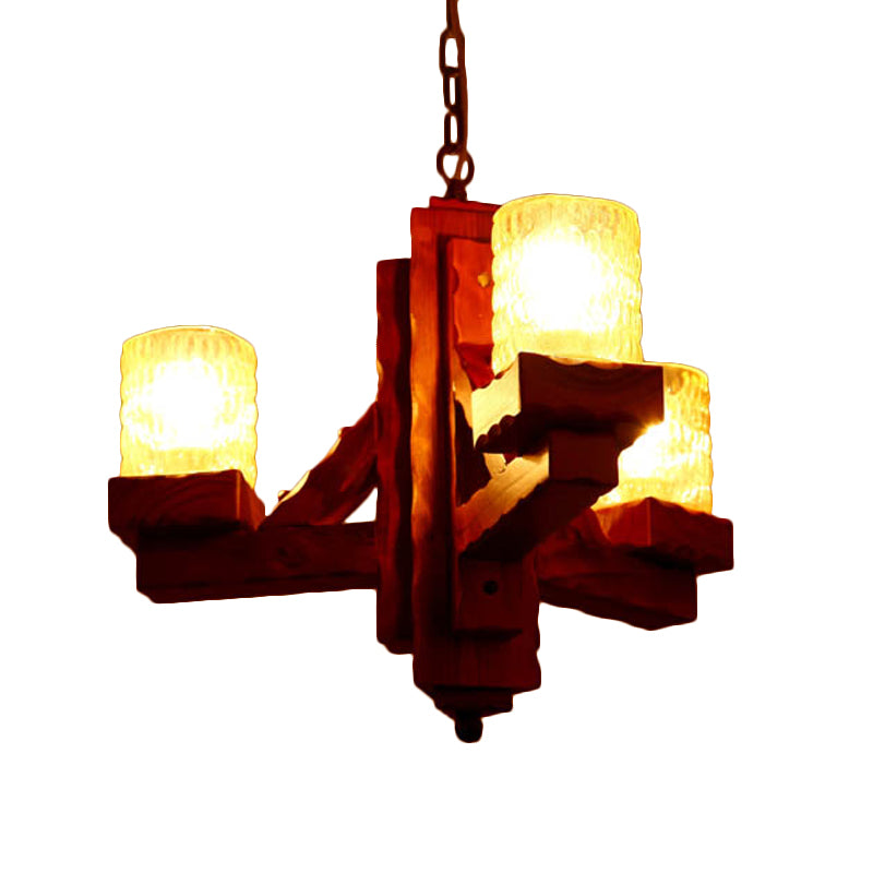 Cylinder Dining Room Pendant Chandelier Rustic Yellow Dimpled Glass 3 Lights Brown Hanging Lighting with Wood Arm Clearhalo 'Ceiling Lights' 'Chandeliers' Lighting' options 728076