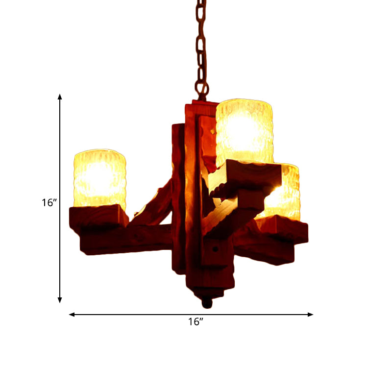 Cylinder Dining Room Pendant Chandelier Rustic Yellow Dimpled Glass 3 Lights Brown Hanging Lighting with Wood Arm Clearhalo 'Ceiling Lights' 'Chandeliers' Lighting' options 728078