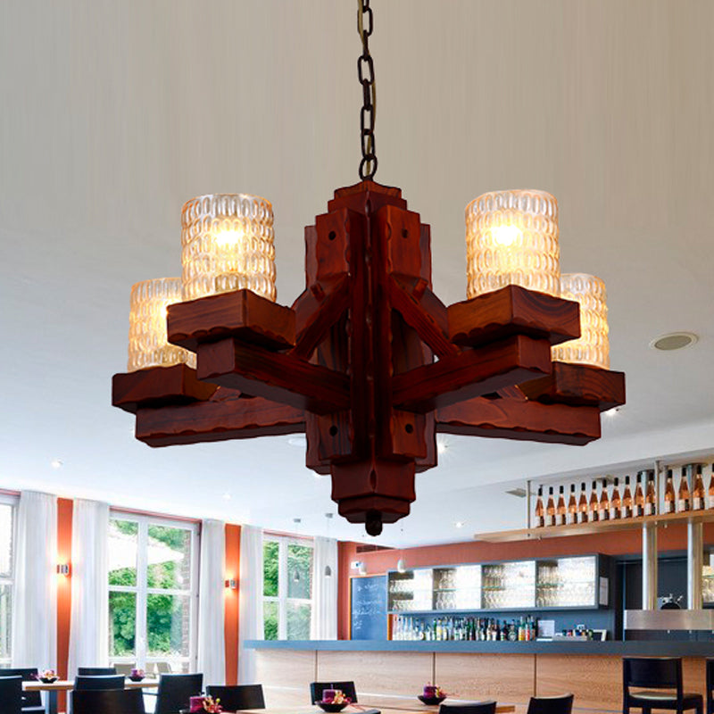 Brown 5 Heads Ceiling Chandelier Rural Yellow Dimple Glass Cylinder Hanging Pendant Light with Wood Arm Brown Clearhalo 'Ceiling Lights' 'Chandeliers' Lighting' options 728079_e3adfb31-21b5-43ee-bb32-36a956b96209