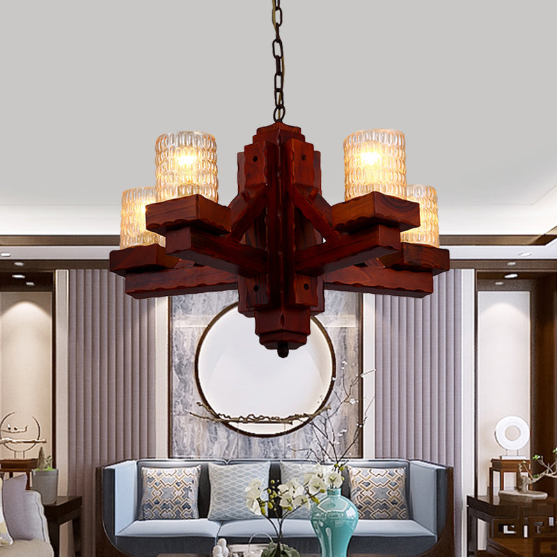 Brown 5 Heads Ceiling Chandelier Rural Yellow Dimple Glass Cylinder Hanging Pendant Light with Wood Arm Clearhalo 'Ceiling Lights' 'Chandeliers' Lighting' options 728080