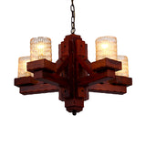 Brown 5 Heads Ceiling Chandelier Rural Yellow Dimple Glass Cylinder Hanging Pendant Light with Wood Arm Clearhalo 'Ceiling Lights' 'Chandeliers' Lighting' options 728081