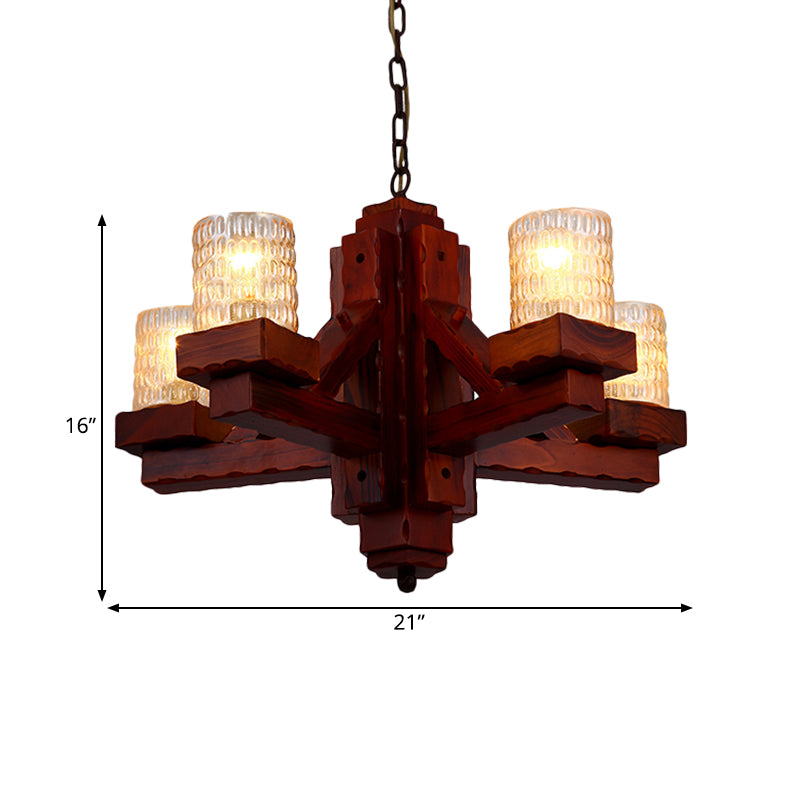 Brown 5 Heads Ceiling Chandelier Rural Yellow Dimple Glass Cylinder Hanging Pendant Light with Wood Arm Clearhalo 'Ceiling Lights' 'Chandeliers' Lighting' options 728083